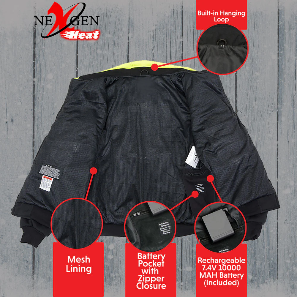 Nexgen Heat MPM1773SET Men's Heated High Visibility Work Hoodie, Neon Green Hi Vis Reflective Hoodie w/ Battery - Image 24