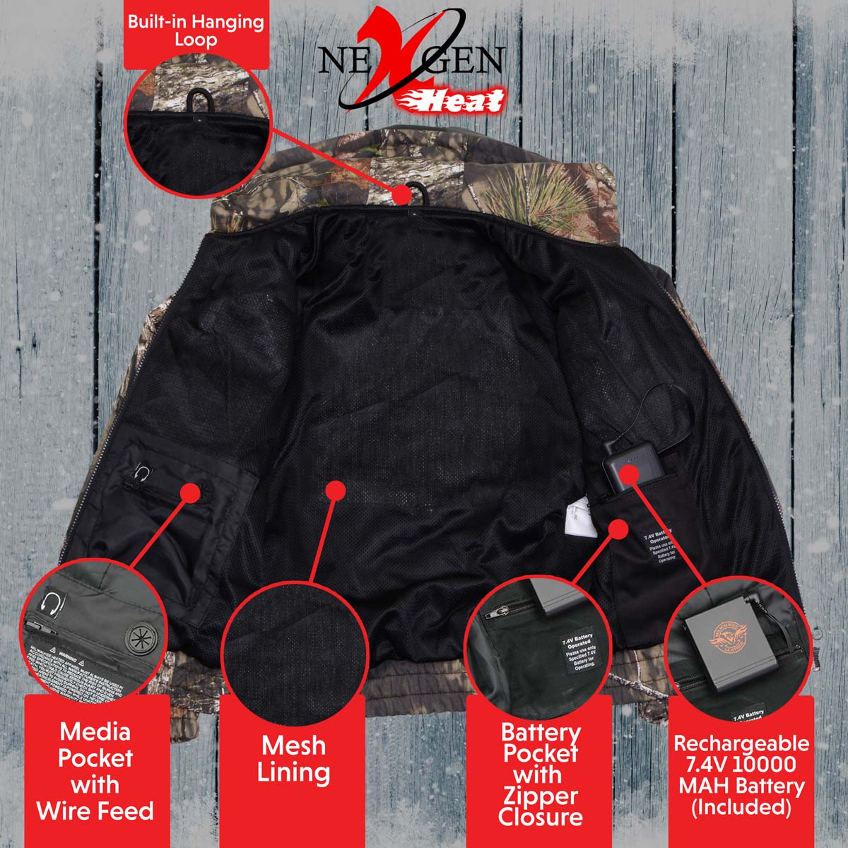 Nexgen Heat MPM1776SET Men's Camouflaged Heated Zipper Hoodies - Warming Camo Hoodie for Hunting w/ Battery - Image 11