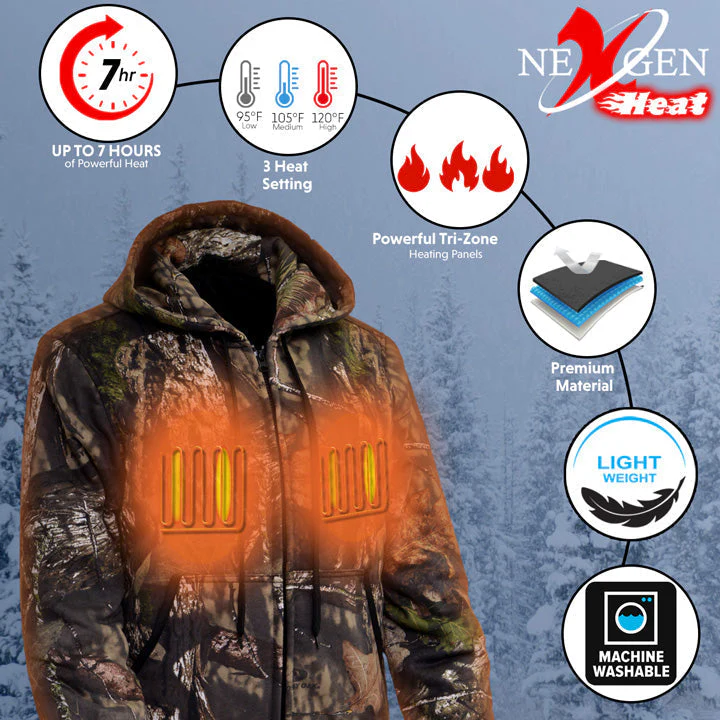 Nexgen Heat MPM1776SET Men's Camouflaged Heated Zipper Hoodies - Warming Camo Hoodie for Hunting w/ Battery - Image 13
