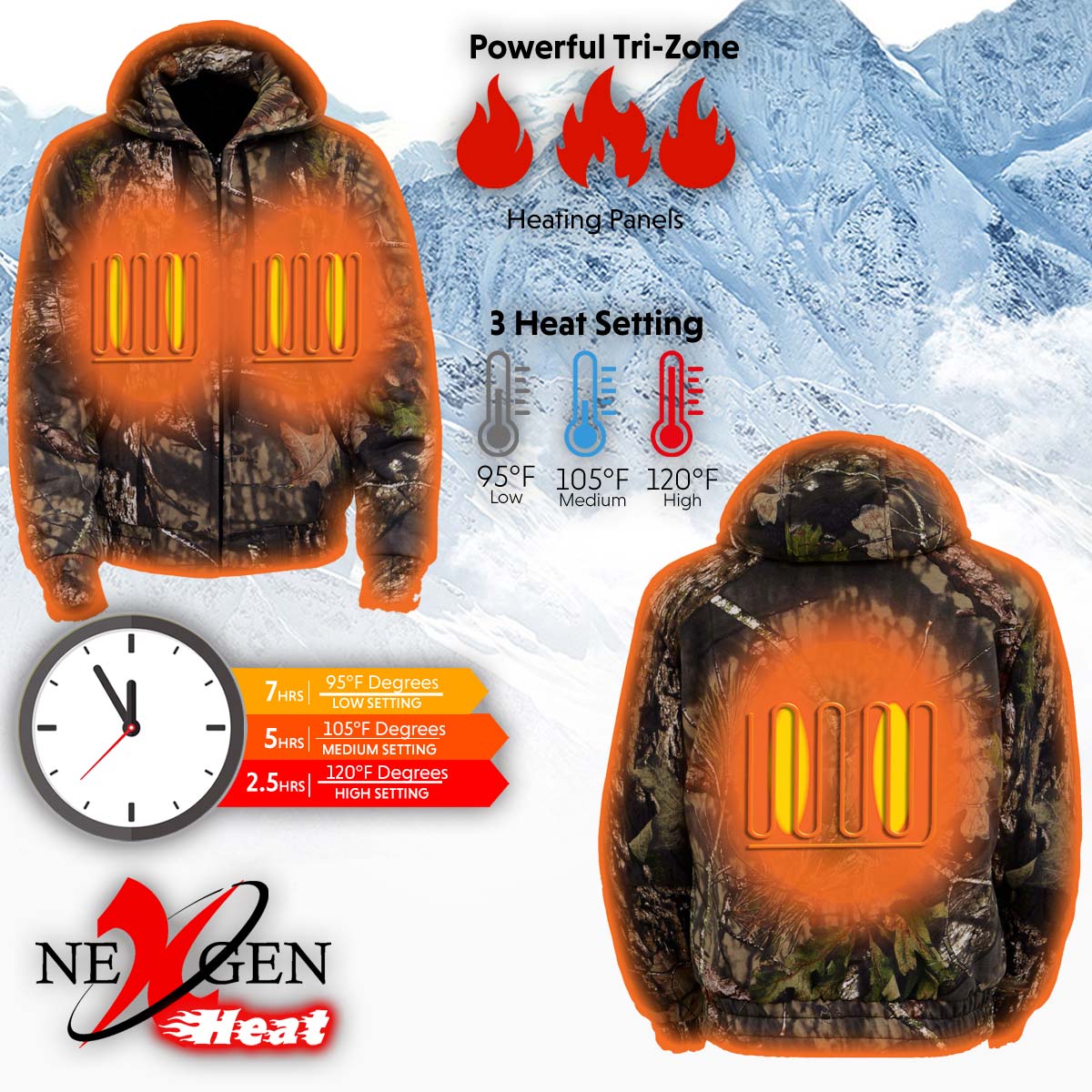 Nexgen Heat MPM1776SET Men's Camouflaged Heated Zipper Hoodies - Warming Camo Hoodie for Hunting w/ Battery - Image 14