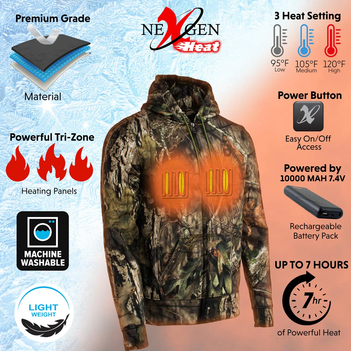 Nexgen Heat MPM1776SET Men's Camouflaged Heated Zipper Hoodies - Warming Camo Hoodie for Hunting w/ Battery - Image 9