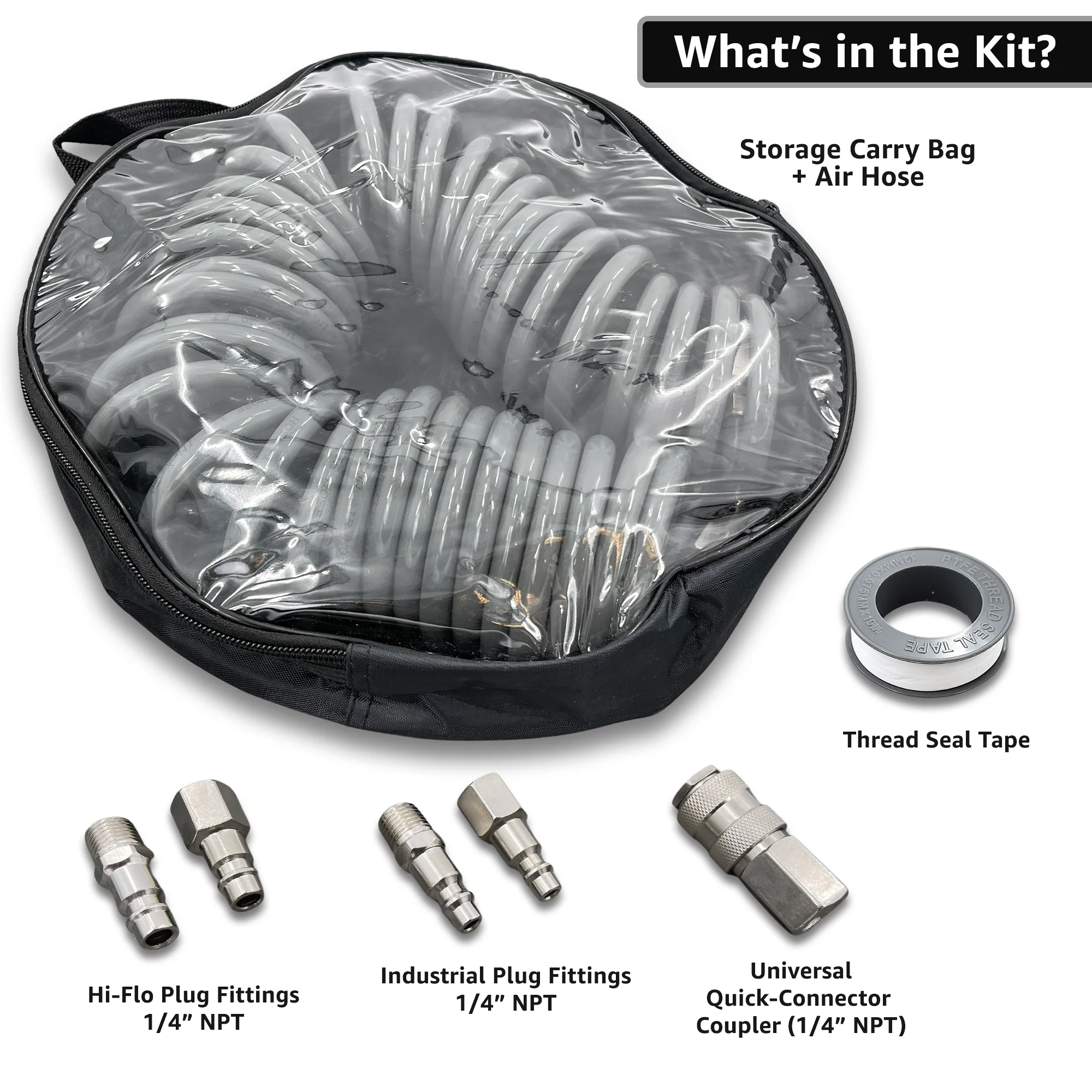 Polyurethane Coiled Air Hose Kit - 1/4" x 30 ft | with Air Compressor Fittings - Image 2
