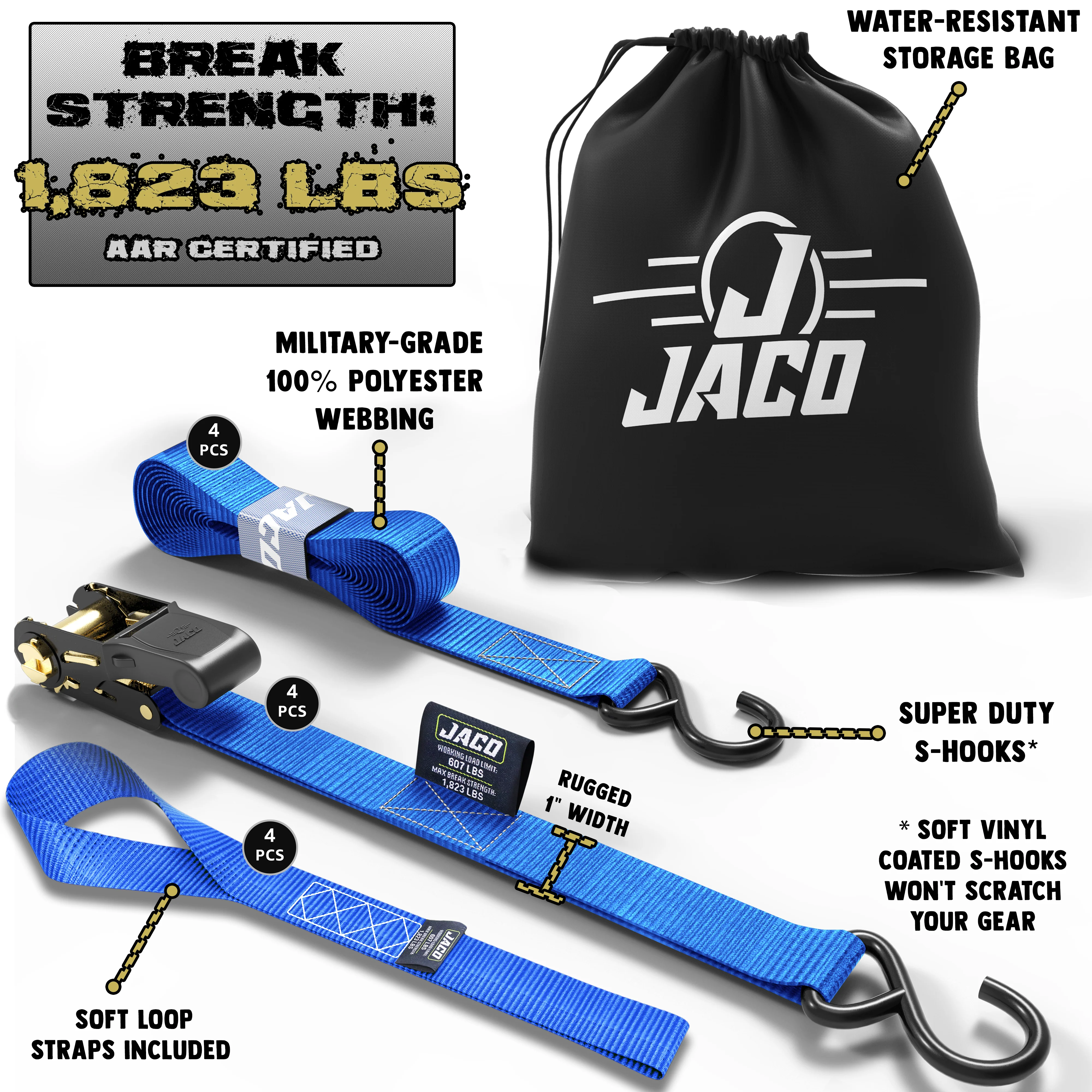 Tie Down Ratchet Straps (4 Pack) - 1 in x 15 ft | AAR Certified Break Strength (1,823 lbs) | Cargo Tie Down Set - Image 4